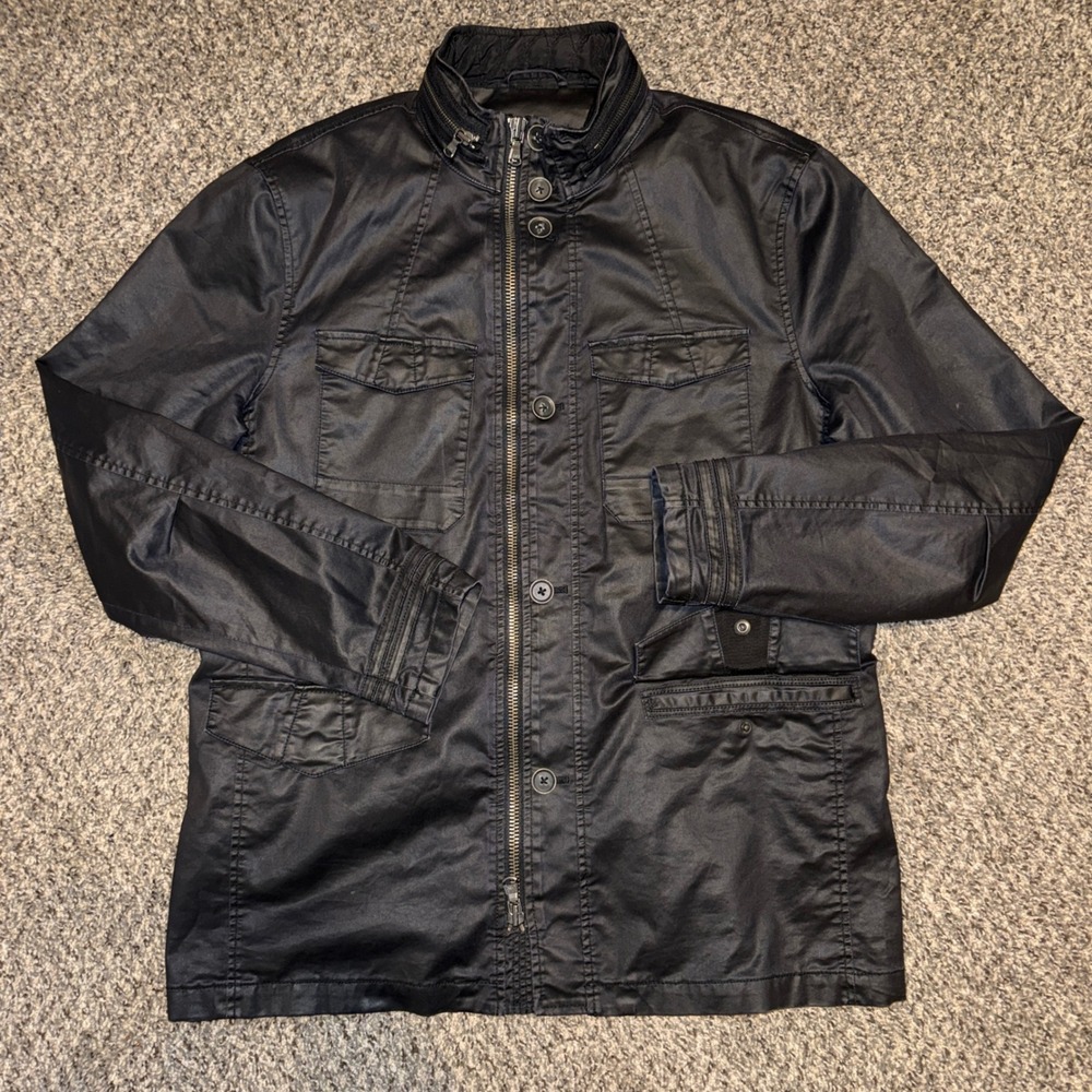 John Varvatos USA Black Waxed Cotton Blend Field Jacket Hidden Hood Large L
